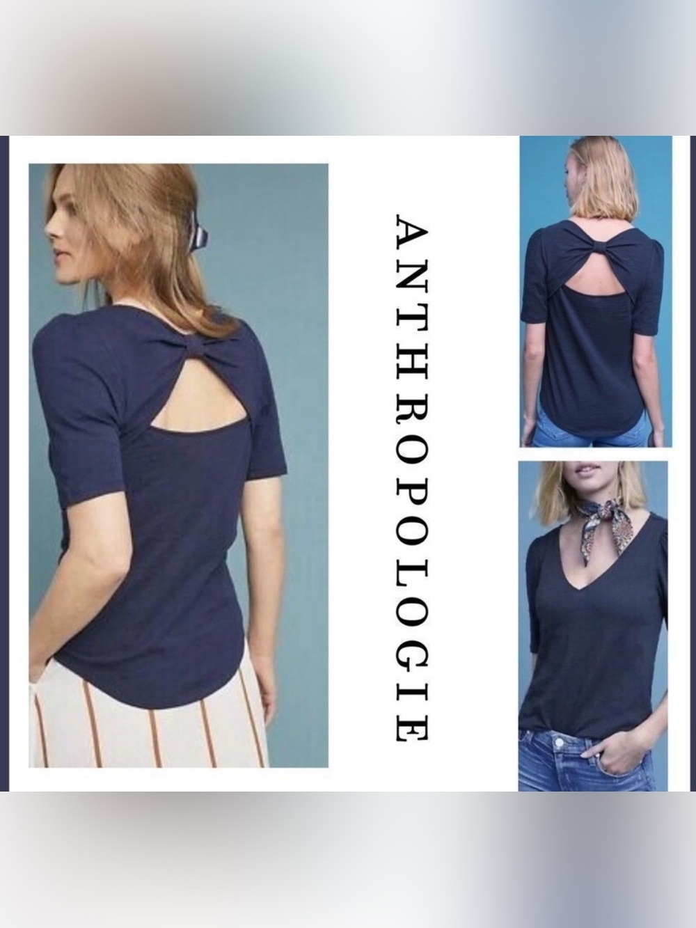 Meadow Rue by Anthropologie Navy Bow-Back Open Cutout Tee L/XL NWT